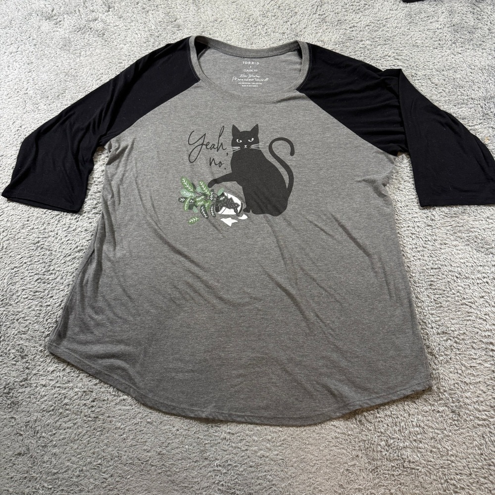 Torrid Plus Size 3 Raglan Baseball Tee Gray Black Cat Yeah No Graphic Shirt